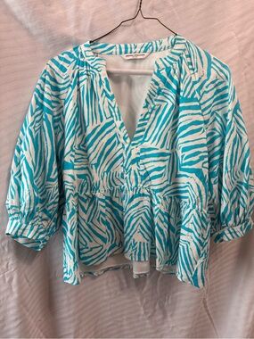 Amanda Uprichard Turquoise and White Zebra-Print Peplum Top